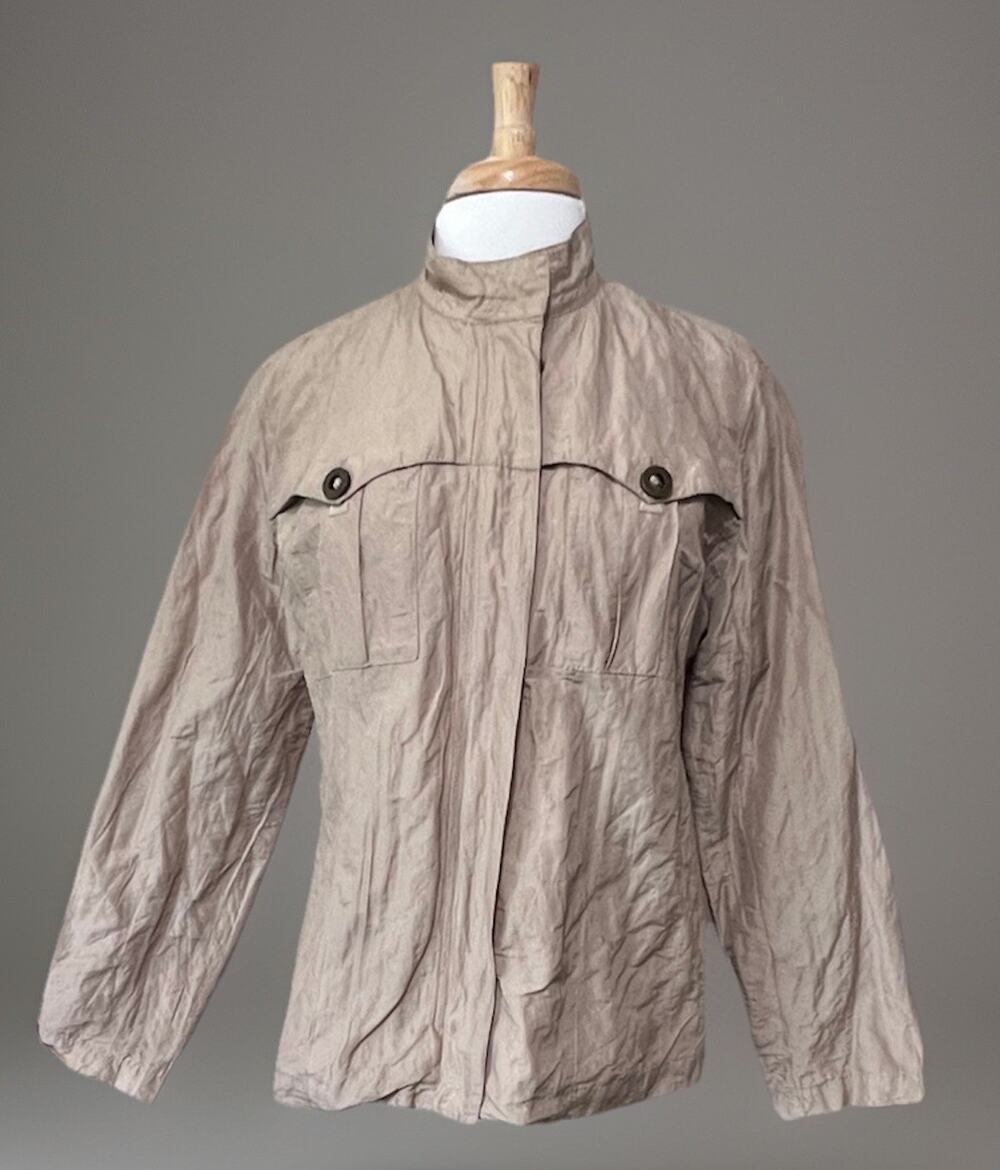 Chicos Womens L Silk Blend Khaki Lightweight Preppy Casual Zip Jacket Old Money